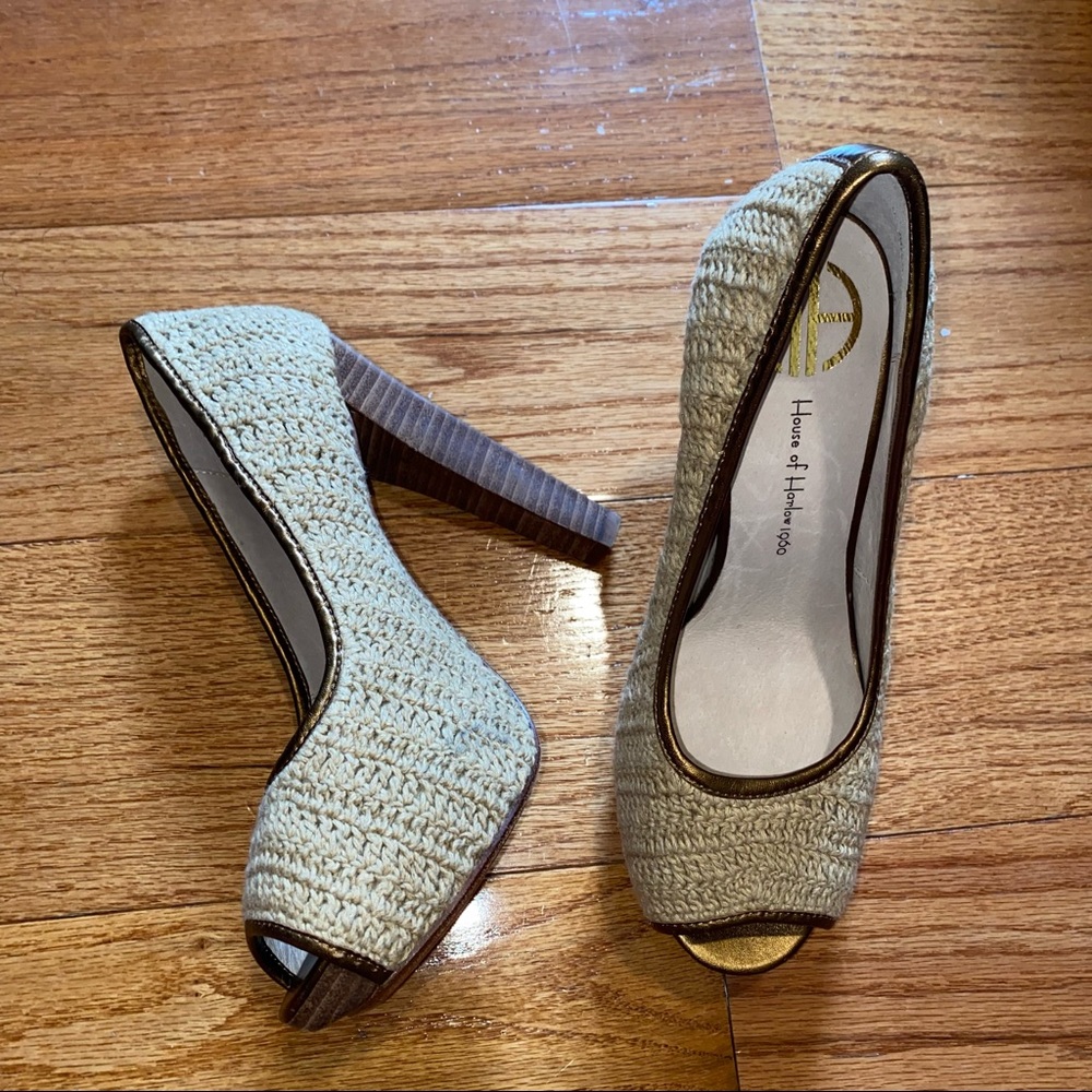 HOUSE OF HARLOW 1960 PAULINA CROCHET NATURAL/BRONZE PEEP-TOE PUMPS SIZE 6.5 - Picture 3 of 8